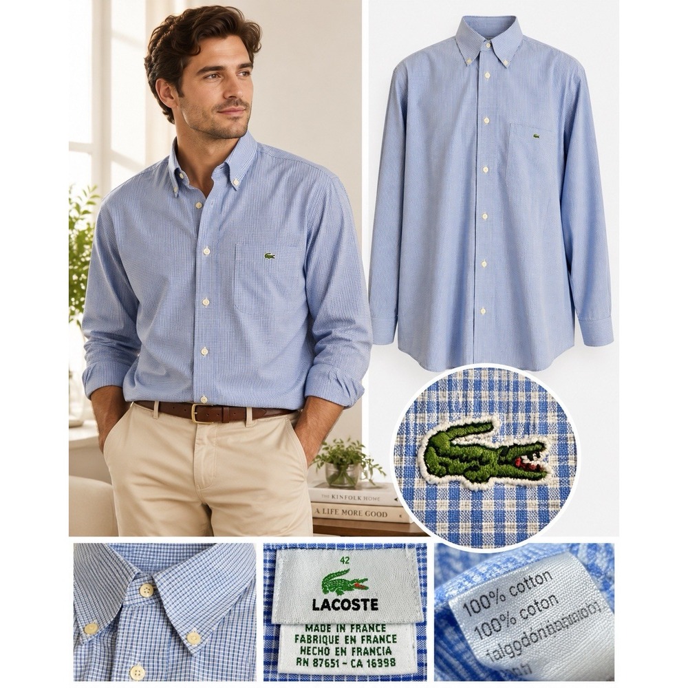 VTG Lacoste Men's 42 Blue White Mini Check Button Down Shirt Long Sleeve Cotton